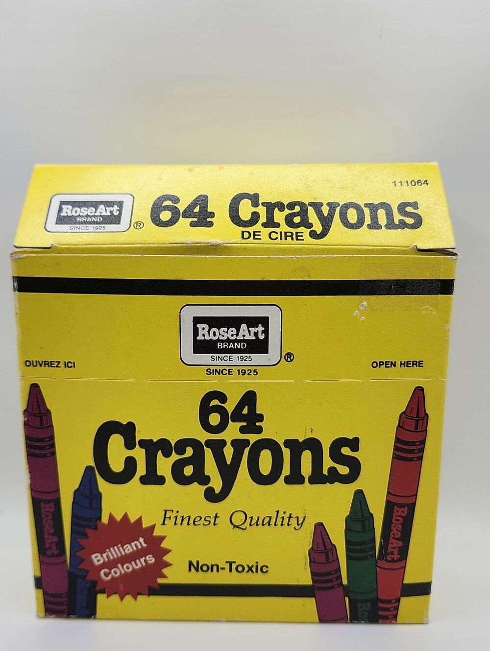 Vintage RoseArt 64 Crayons Box 1980s Yellow Retro NOS Complete Unused Rare HTF